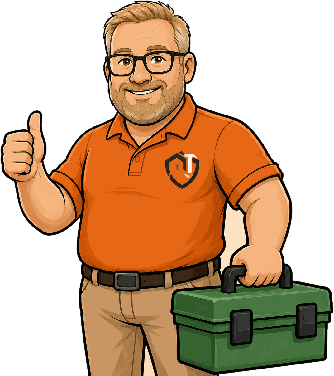 Illustration of Kevin Sullivan in an orange work shirt holding a toolbox and giving a thumbs up